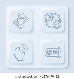 Set line Cryptocurrency key, Cryptocurrency exchange, Bitcoin think and Mining farm. White square button. Vector