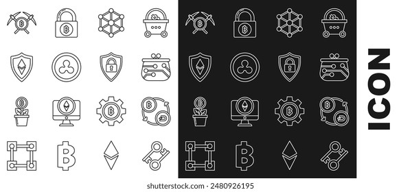 Set line Cryptocurrency key, exchange, wallet, Blockchain technology, coin Ripple XRP, Shield Ethereum ETH, Crossed pickaxe and security with icon. Vector
