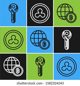 Set line Cryptocurrency key, Globe and cryptocurrency coin Bitcoin and Cryptocurrency coin Ripple XRP icon. Vector