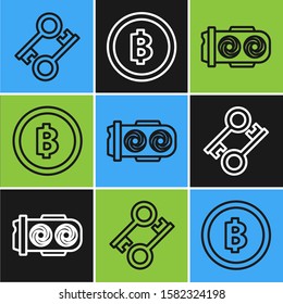 Set line Cryptocurrency key, Mining farm and Cryptocurrency coin Bitcoin icon. Vector