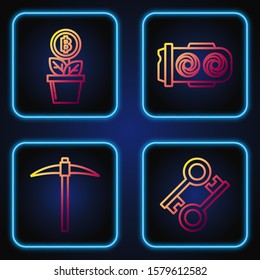 Set line Cryptocurrency key, Pickaxe, Bitcoin plant in the pot and Mining farm. Gradient color icons. Vector