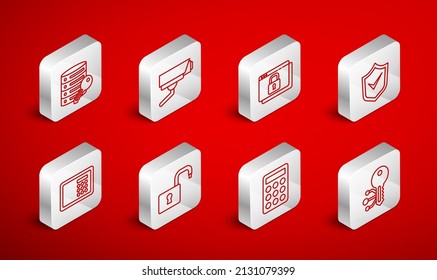Set line Cryptocurrency key, Security camera, Secure your site with HTTPS, SSL, Shield check mark, Password protection, Server security, Open padlock and Safe icon. Vector