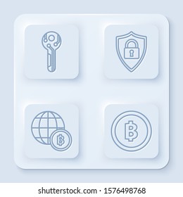 Set line Cryptocurrency key, Shield security with lock, Globe and cryptocurrency coin Bitcoin and Cryptocurrency coin Bitcoin. White square button. Vector