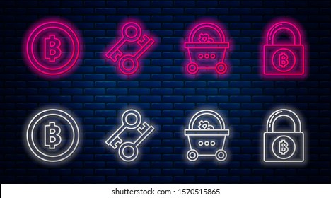 Set line Cryptocurrency key, Shopping basket with bitcoin, Cryptocurrency coin Bitcoin and Lock with bitcoin. Glowing neon icon on brick wall. Vector