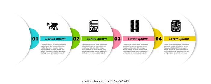 Set line Cryptocurrency key, Smart contract, Mining farm and ASIC Miner. Business infographic template. Vector