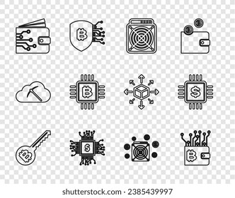 Set line Cryptocurrency key, wallet, ASIC Miner, Processor chip with dollar, CPU mining farm,  and  icon. Vector