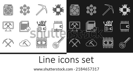 Set line Cryptocurrency key, wallet, Pickaxe, Smart contract, Mining with monitor and pickaxe, ASIC Miner,  and Blockchain technology icon. Vector