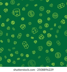 Establezca la línea Cartera de criptomonedas, tecnología Blockchain y Bitcoin en un patrón transparente. Vector