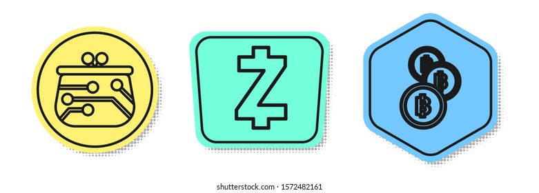 Set line Cryptocurrency wallet, Cryptocurrency coin Zcash ZEC and Cryptocurrency coin Bitcoin. Colored shapes. Vector