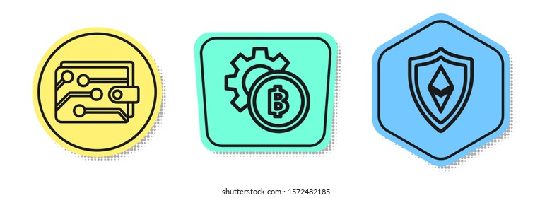 Set line Cryptocurrency wallet, Cryptocurrency coin Bitcoin and Shield Ethereum ETH. Colored shapes. Vector