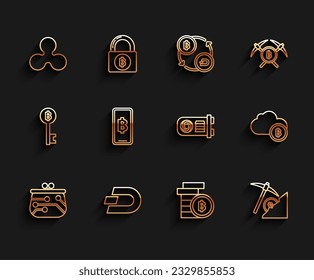 Set line Cryptocurrency wallet, coin Dash, Ripple XRP, Bitcoin, cloud mining, Phone mobile and cryptocurrency,  and Mining farm icon. Vector