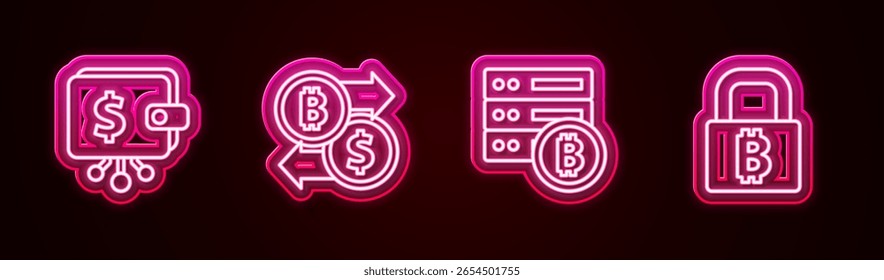 Establecer línea Cartera de criptomonedas, intercambio, servidor de bitcoin y bloqueo con. Icono de neón brillante. Vector