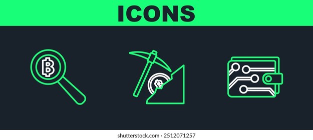 Set line Cryptocurrency wallet, Magnifying glass with Bitcoin and cloud mining icon. Vector