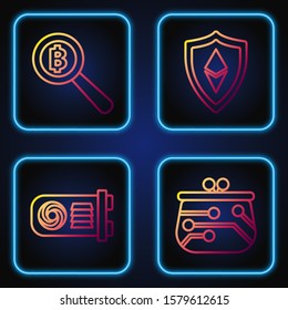 Set line Cryptocurrency wallet, Mining farm, Magnifying glass with Bitcoin and Shield Ethereum ETH. Gradient color icons. Vector