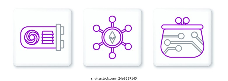 Establecer línea Cartera de criptomoneda, granja de minería y tecnología Blockchain Ethereum ETH icono. Vector