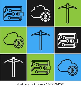 Set line Cryptocurrency wallet, Pickaxe and Cryptocurrency cloud mining icon. Vector