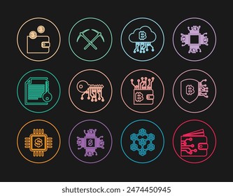 Establecer línea Cartera de criptomonedas, escudo con bitcoin, minería en la nube, clave, contrato inteligente e icono de pico cruzado. Vector