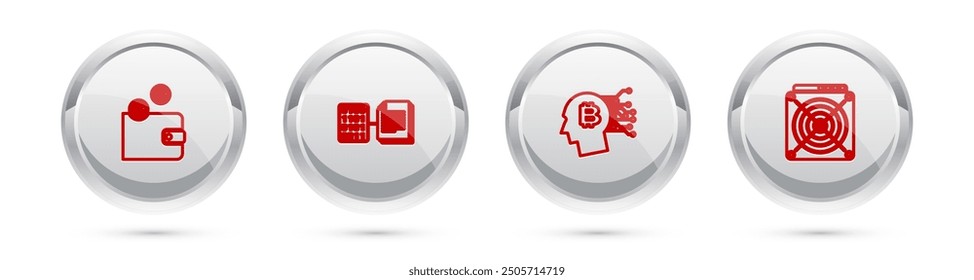 Set line Cryptocurrency wallet, Smart contract, Bitcoin think and ASIC Miner. Silver circle button. Vector