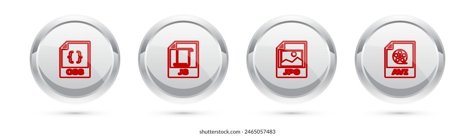 Set line CSS file document, JS, JPG and AVI. Silver circle button. Vector