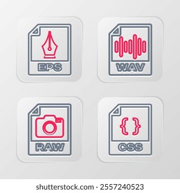 Set line CSS file document, RAW, WAV and EPS icon. Vector