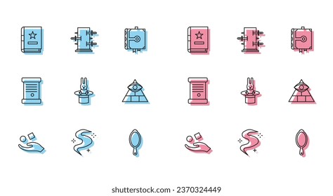 Fijar línea Cubo levitando sobre la mano, Niebla mágica o humo, libro de magia antigua, espejo, conejo de sombrero mago, masones, decreto, papel, pergamino, pergamino y zorrillo para trucos icono. Vector