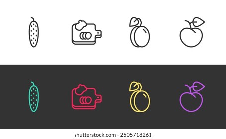 Set line Cucumber, Cutting board with vegetables, Plum fruit and Peach or nectarine on black and white. Vector