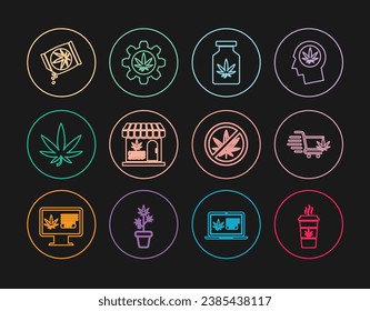 Set Line Cup Kaffee mit Marihuana, Einkaufswagen, Medizinische Flasche, Marijuana und Cannabis Geschäft, Blatt, Samen, Stopp und Test Tube Symbol. Vektorgrafik