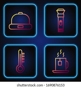 Fije la copa de té con bolso de té, termómetro de meteorología, sombrero Beanie y linterna. Iconos de color degradado. Vector