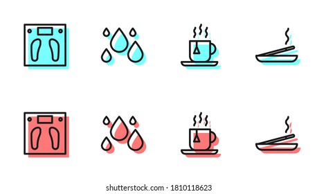 Set line Cup of tea with tea bag, Bathroom scales, Water drop and Scented spa stick icon. Vector