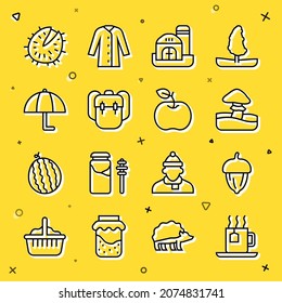 Fijar la línea Copa de té con bolso de té, maíz, hongo, casa de granja, mochila escolar, paraguas, castaño e icono de Apple. Vector