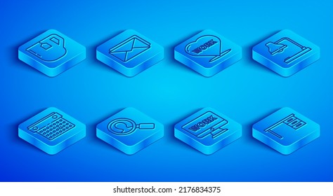 Set line Cup of tea with tea bag, Envelope, Heart text work, Magnifying glass for search people, Monitor, Table lamp, Calendar and Office desk icon. Vector