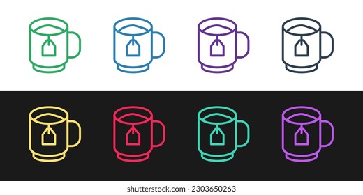 Fijar la línea Copa de té con el icono del bolso de té aislado en el fondo blanco y negro.  Vector