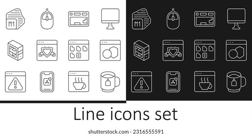 Set line Cup of tea with tea bag, Software, Keyboard, Browser shield, Computer, Processor, files and mouse icon. Vector