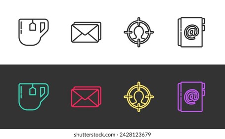Set line Taza de té con bolso de té, sobre, concepto de caza de la cabeza y libreta de direcciones en blanco y negro. Vector