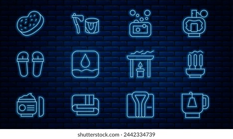 Set line Cup of tea with tea bag, Incense sticks, Bar soap, Water drop, Flip flops, Bath sponge, Aroma candle and Wooden axe in stump icon. Vector