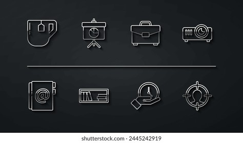 Set line Cup of tea with tea bag, Address book, Movie, film, media projector, Clock, Shelf books, Chalkboard diagram, Head hunting concept and Briefcase icon. Vector