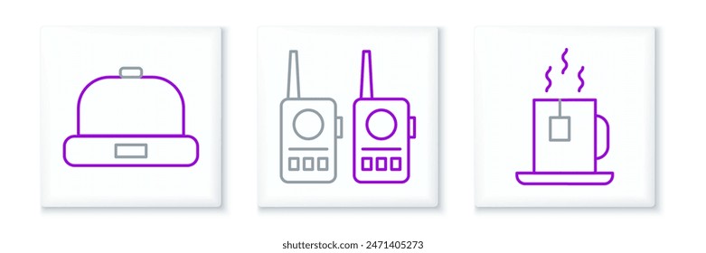 Set line Cup of tea with tea bag, Beanie hat and Walkie talkie icon. Vector