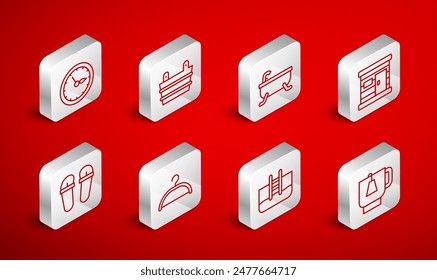 Set line Cup of tea with tea bag, Sauna bucket, Bathtub, wooden bathhouse, Swimming pool ladder, clock, Hanger wardrobe and Flip flops icon. Vector