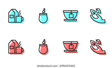 Set line Cup with tea bag, of milk, Mate and Tea leaf in hand icon. Vector