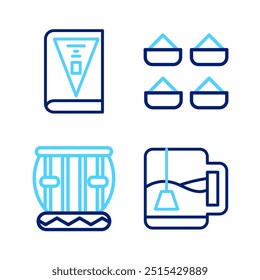 Set line Xícara de chá com saco de chá, tabla de instrumento, indiano tempero e ícone do dia da constituição. Vetor