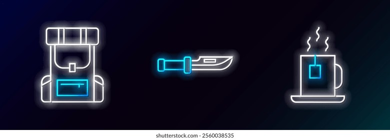 Set line Cup of tea with tea bag, Hiking backpack and Camping knife icon. Glowing neon. Vector