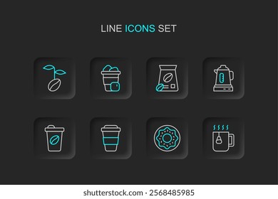 Set line Cup of tea with bag, Donut, Coffee cup to go, Electric kettle, Bag coffee beans, Iced and  icon. Vector