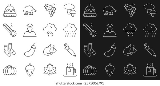 Set line Cup of tea with tea bag, Umbrella, Cloud rain, Grape fruit, Graduate and graduation cap, Meteorology thermometer, Winter hat and Storm icon. Vector