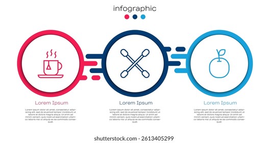 Set line Cup of tea with tea bag, Cotton swab for ears and Apple. Business infographic template. Vector