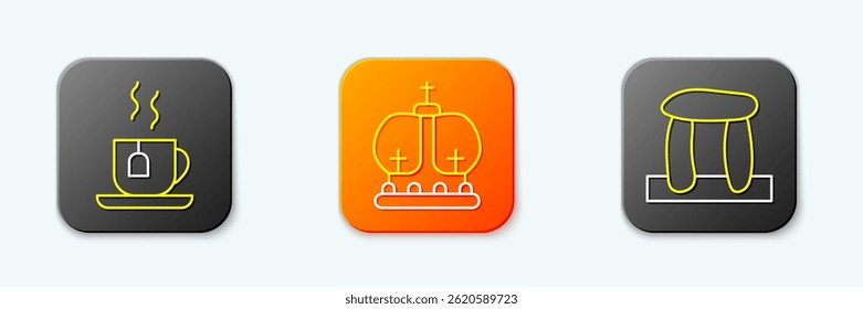 Set line Cup of tea with tea bag, British crown and Stonehenge icon. Vector