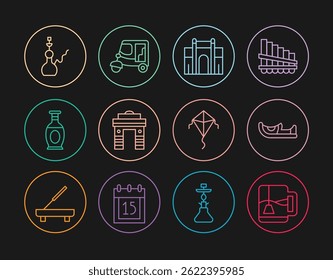 Set line Cup of tea with tea bag, Indian shoes, Gate in Delhi, vase, Hookah, Kite and Taxi tuk tuk icon. Vector