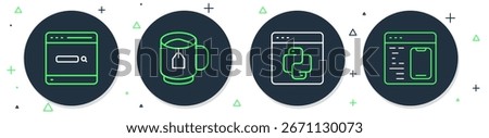 Set line Cup of tea with tea bag, Python programming language, Search engine and Software icon. Vector