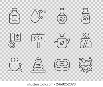 Set line Cup of tea, Bar soap, Essential oil bottle, Stack hot stones, Bottle vodka, Sauna,  and Aroma diffuser icon. Vector