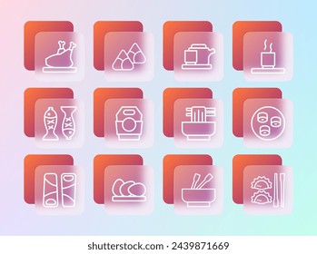 Set line Cup of tea, Chicken egg, Asian noodles in bowl, paper box, Traditional ceremony, Roasted turkey or chicken and Zongzi bamboo steamer icon. Vector