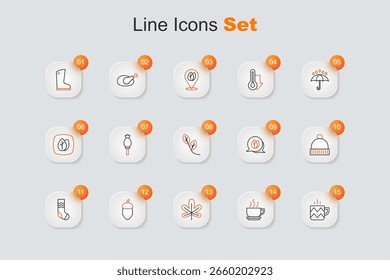 Set line Taza de té, taza de café, hoja de castaño, bellota, calcetines, sombrero de invierno, hoja e icono. Vector